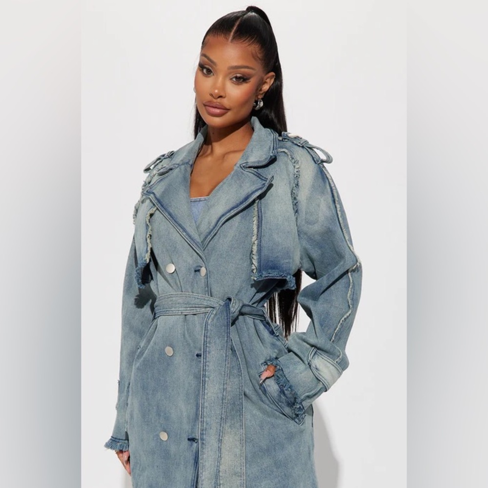 Stylish Light Blue Women's Denim Double Breasted Trench Coat size Med - Picture 4 of 5